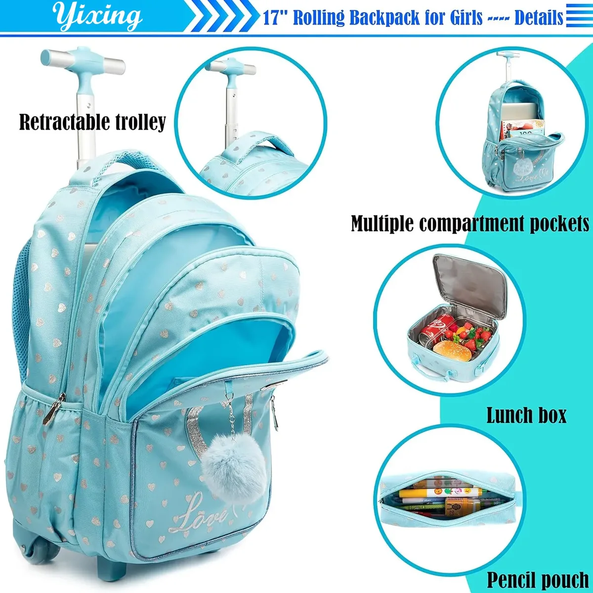 sac dos polyester toile dessin animé bleu pastel coeurs dorés love scolaire transport voyage filles