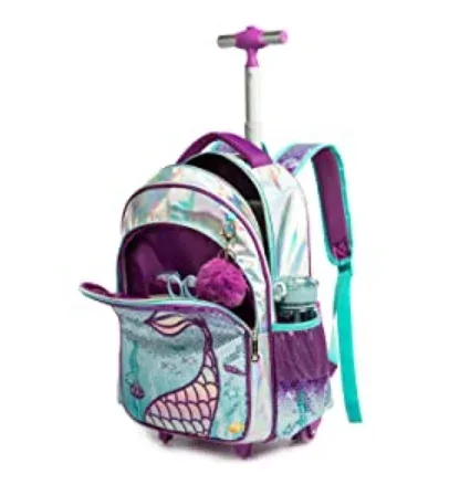sac dos cuir verni bleu sequins multicolores visage licorne motif queue sirène accessoires peluche pompons boîte lunch sac crayons enfant voyage école