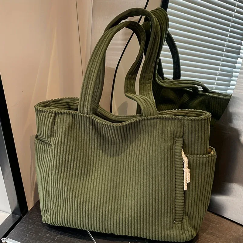 sac à main en velours côtelé léger et grande capacité avec fermeture éclair, couleur unie, sac à bandoulière décontracté pour les trajets quotidiens