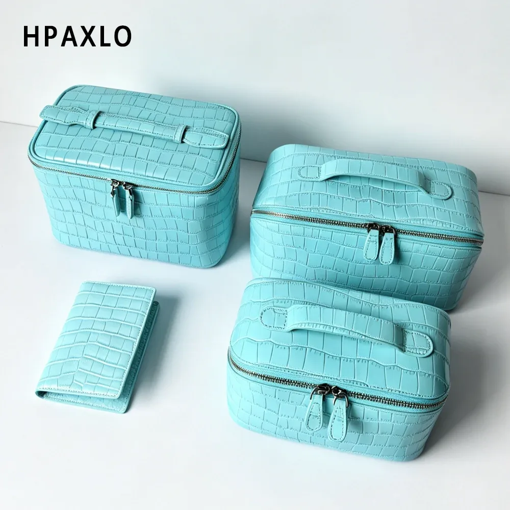 trousse de maquillage en cuir pleine fleur imprimé crocodile bleu, sac de toilette, cadeau femme, étui cosmétique, organisateur de maquillage de voyage
