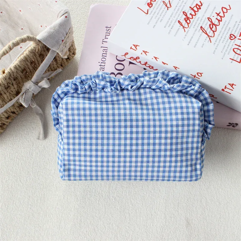 pochette de maquillage à franges en tissu gingham, style coréen, grande capacité, portable, trousse de toilette de voyage pour filles et femmes