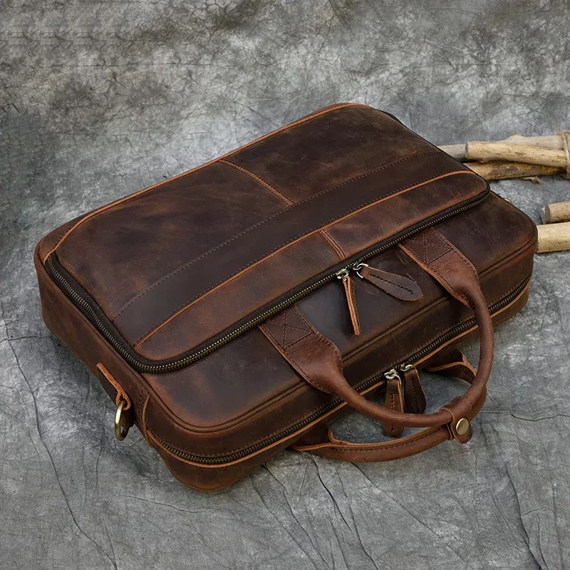 sac à main pour ordinateur portable de style rétro, en cuir véritable, sac décontracté de 15,6 pouces, sac d'affaires pour le travail quotidien, sac fourre-tout pour hommes, sac pour documents.