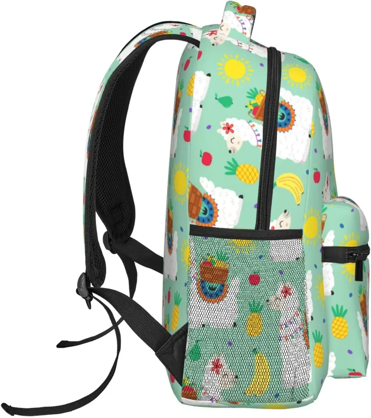 sac dos polyester noir motif lamas fruits vert pastel format rectangulaire sangle chaîne fermeture éclair poche intérieure zippée usage voyage école université
