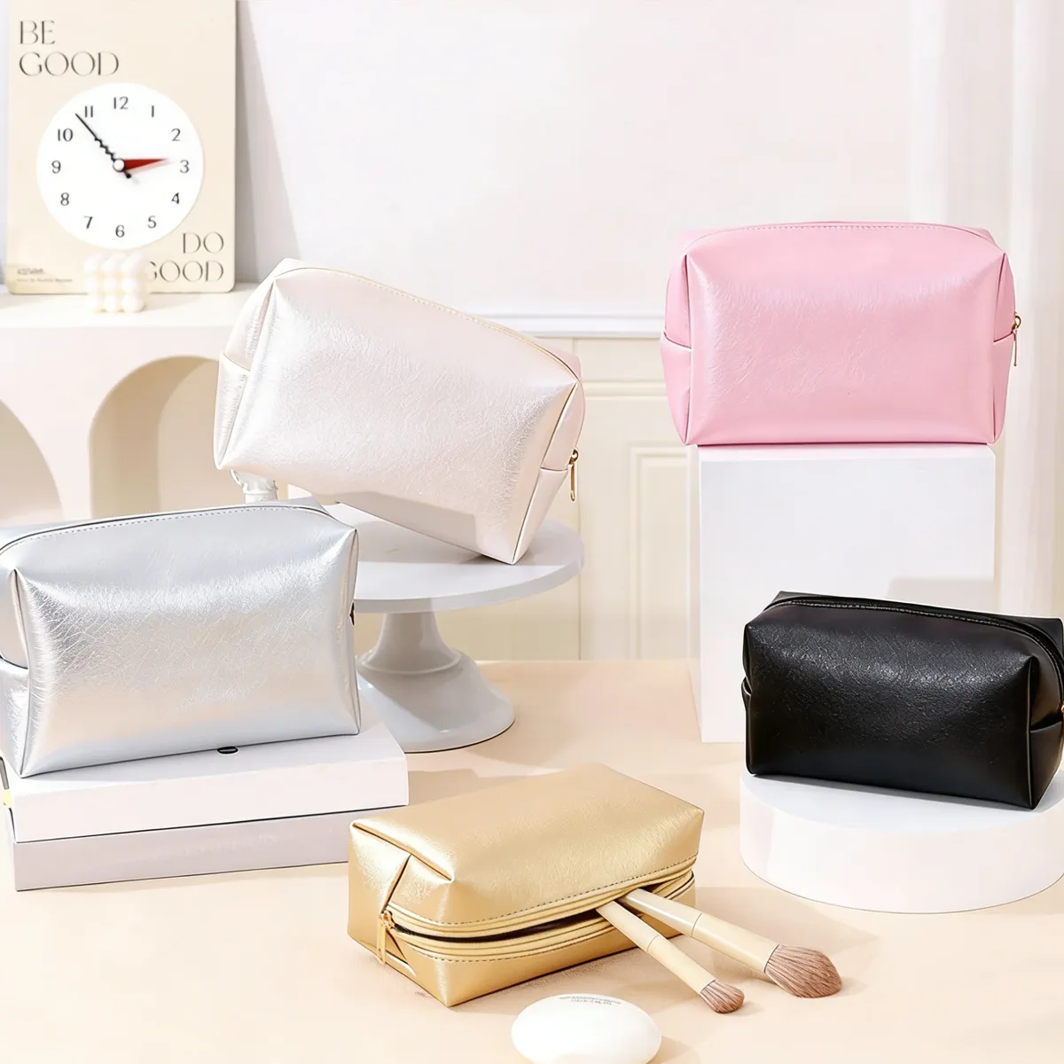 trousse de maquillage en cuir avec logo personnalisé, grande capacité, idéale pour les voyages, disponible en plusieurs couleurs, en cuir pu souple, avec fermeture à glissière, pour femmes (2 tailles).
