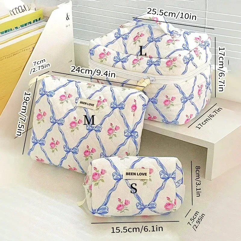 trousse de maquillage de grande capacité, trousse à cosmétiques imprimée de fleurs avec nœud, organisateur de toilette portable à fermeture éclair