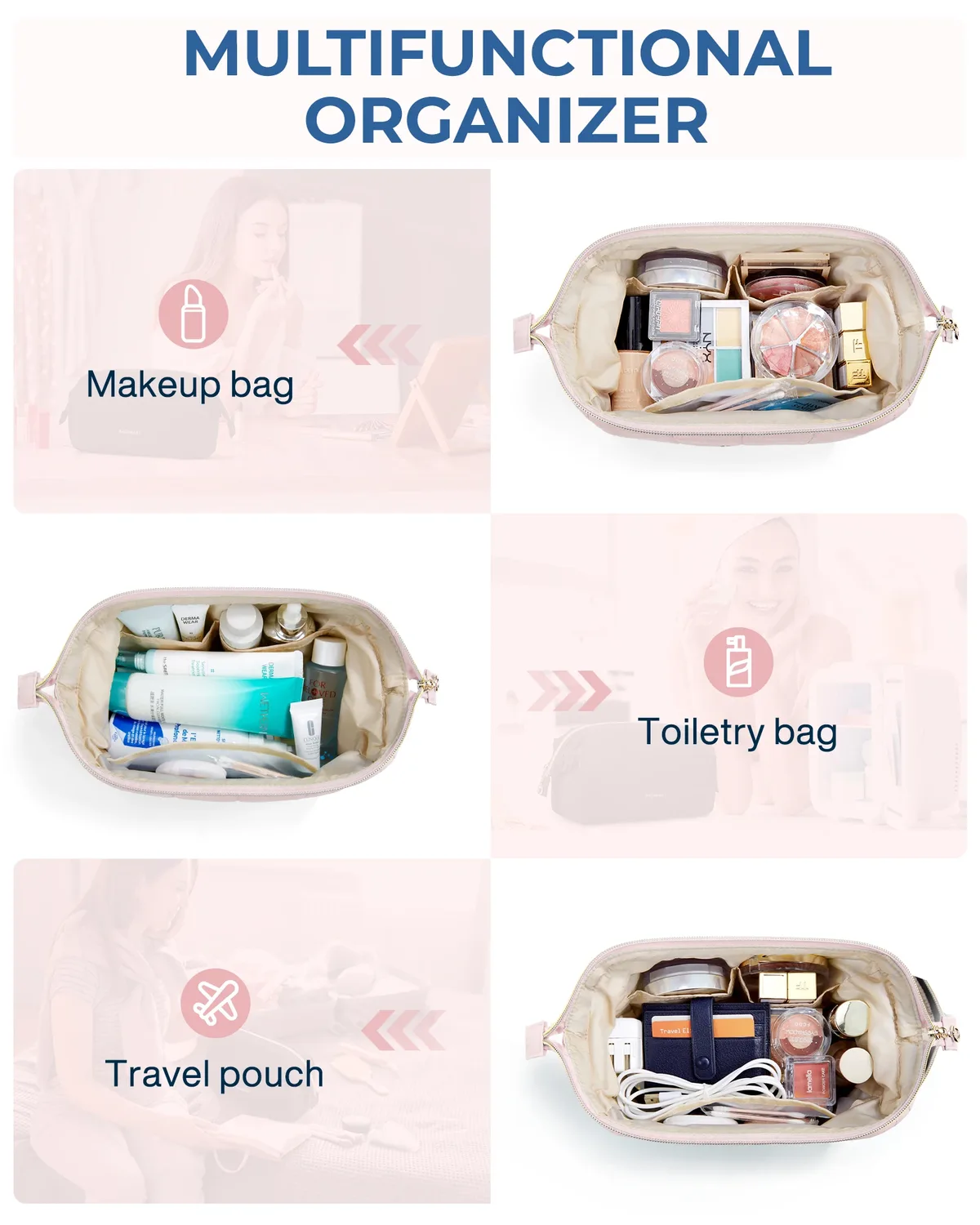 trousse toilette cosmétique taslan rose motif coutures quadrillées rectangulaire glissière dorée voyage femmes maquillage