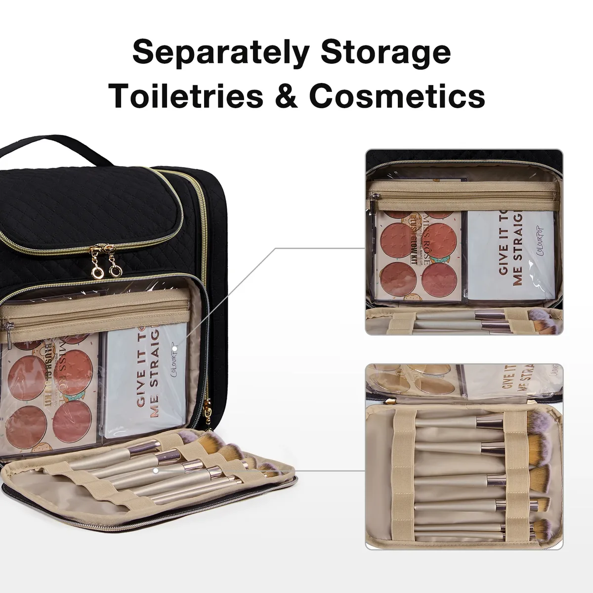 trousse toilette cosmétique pvc noir doré grande capacité organisateur voyage compartiments séparés humidificateur maquillage
