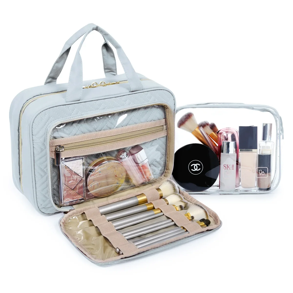 trousse toilette pvc noire accent doré compartiments organisation maquillage voyage boîte format rectangle motif géométrique relief frontal