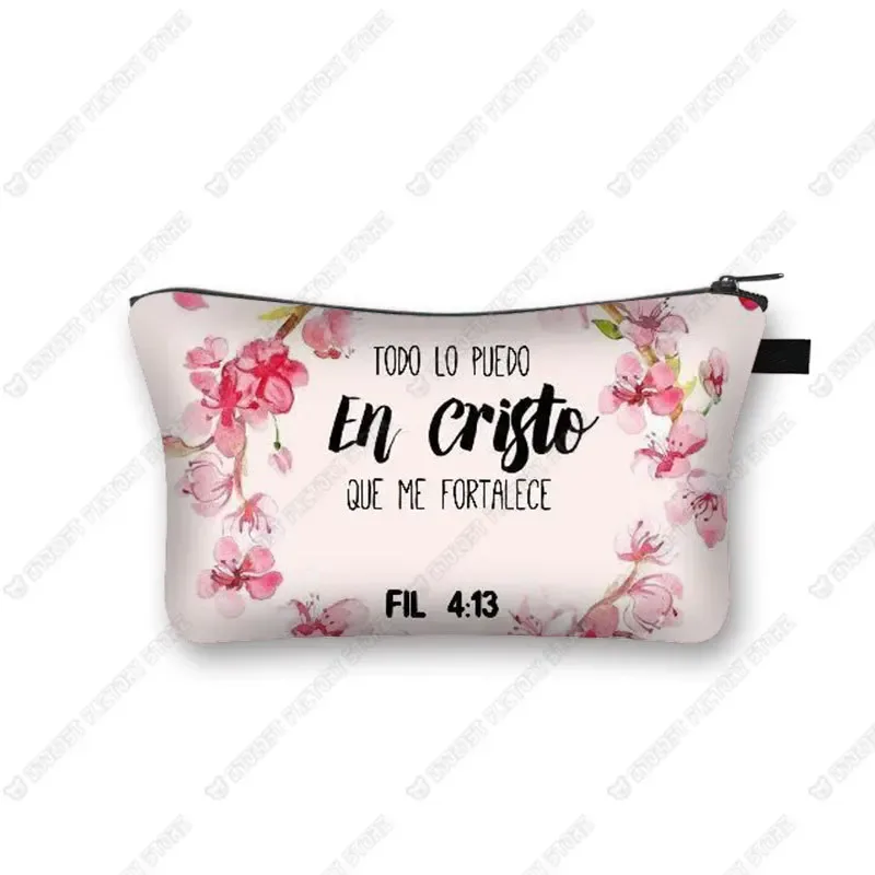 trousse à cosmétiques avec verset de la bible chrétienne en espagnol, trousse de maquillage, trousse de beauté, trousse de toilette