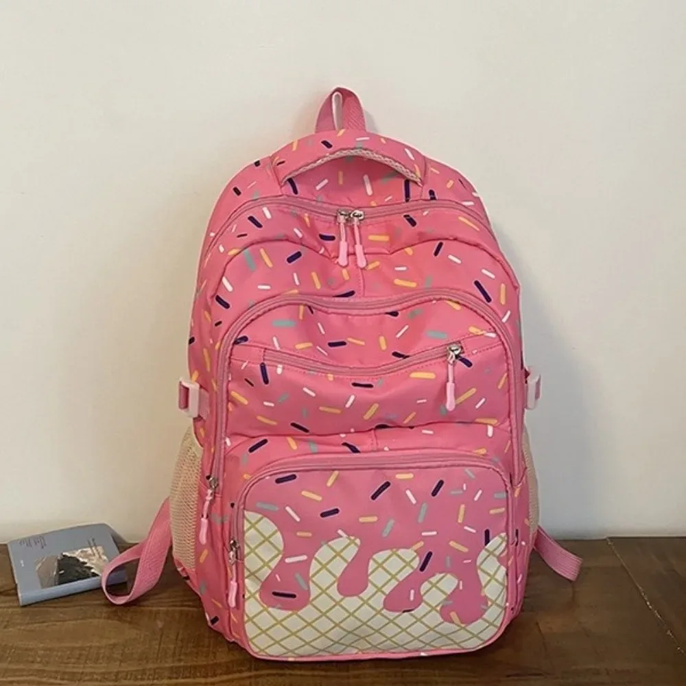 sac dos oxford imprimé glace vanille perles colorées rose bleue pochette poignée fermeture glissière usage etudiant scolaire sortie quotidienne