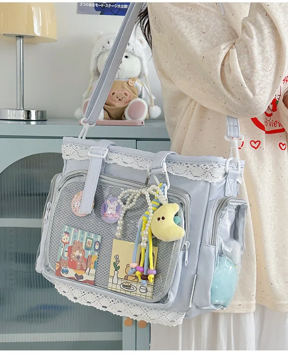 sac fourre-tout ita bag kawaii jaune en dentelle, grande capacité, avec fenêtre transparente pour l'affichage des badges anime, sac à bandoulière lolita mignon pour com
