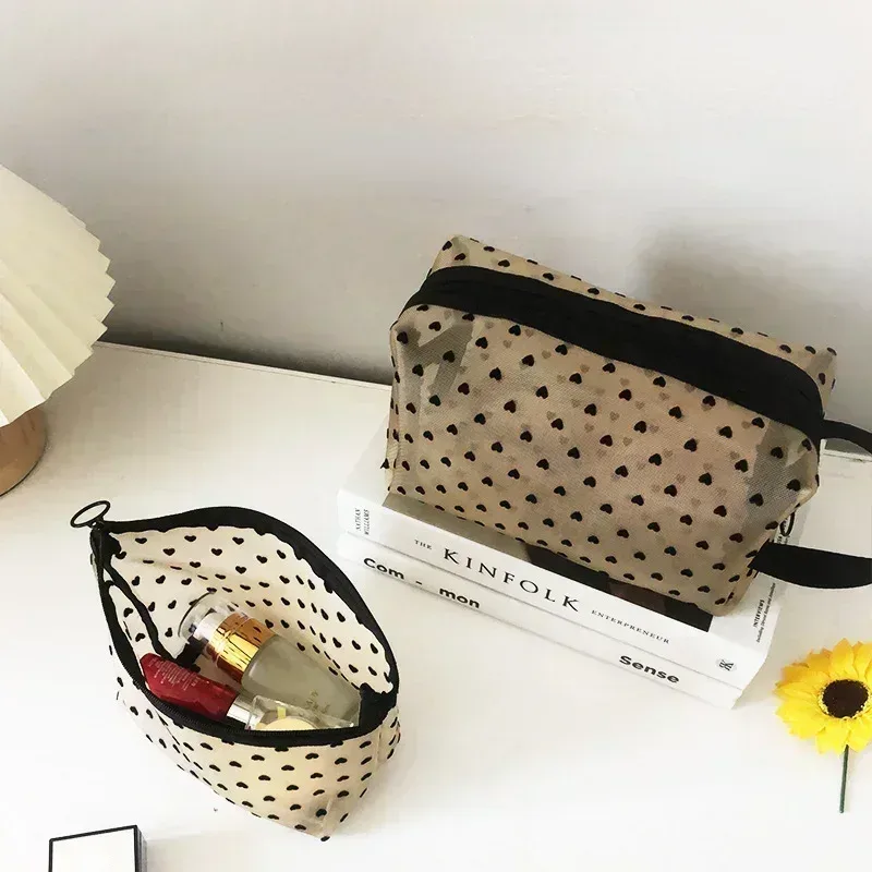 sac à cosmétiques en maille de nylon, organisateur de toilette en forme de cœur à fermeture éclair, sacs de maquillage multifonctionnels pour femmes, rouge à lèvres, clé, porte-monnaie