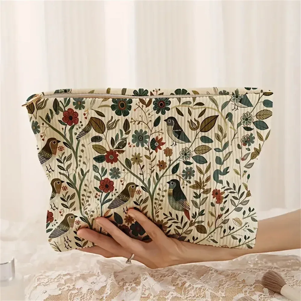 sacs à cosmétiques motif branche oiseau, trousse de maquillage pour femmes, sac de rangement de cosmétiques en velours côtelé, trousse de toilette portable pour les déplacements et les déplacements, 1 pièce