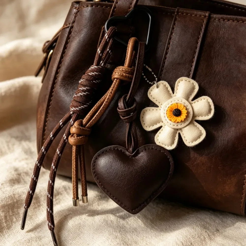 pendentif cœur fleuri cuir noir jaune marron pompon sac bohème ornementation femme minimaliste cottagecore