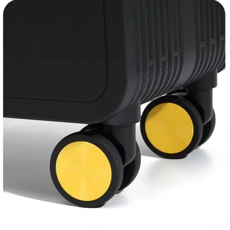 valise pc jaune noir gris système tsa serrure poignée large roues toupie compacts voyage organisés segurança modernes linhas verticale façade contraste efficace intérieur compartiments