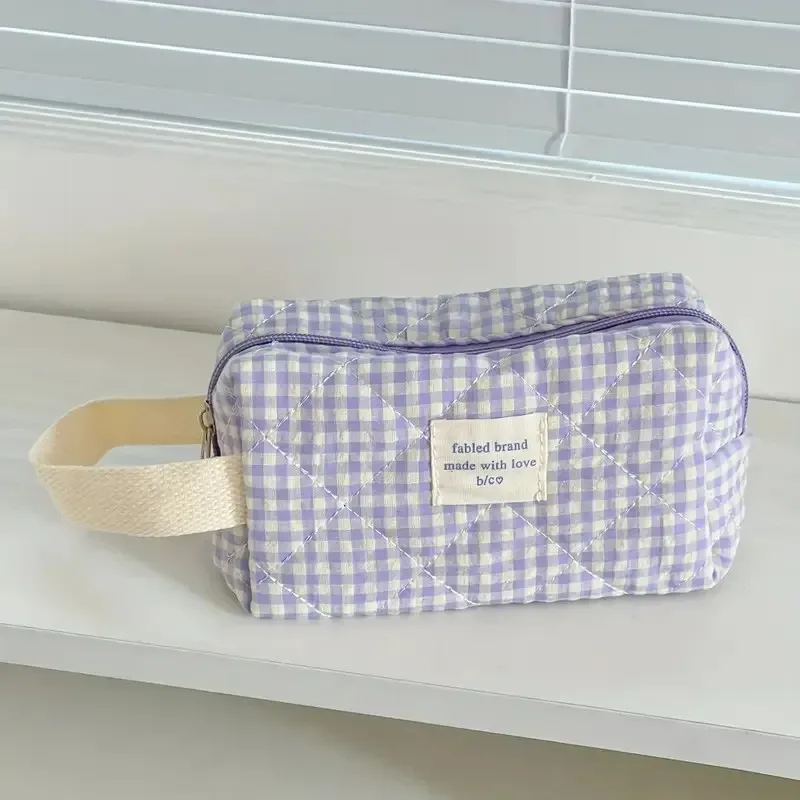 sac à cosmétiques à carreaux de grande capacité pour femmes, sac de rangement pour brosses de soins de la peau en coton pour filles, trousse de toilette de voyage portable, trousse de maquillage