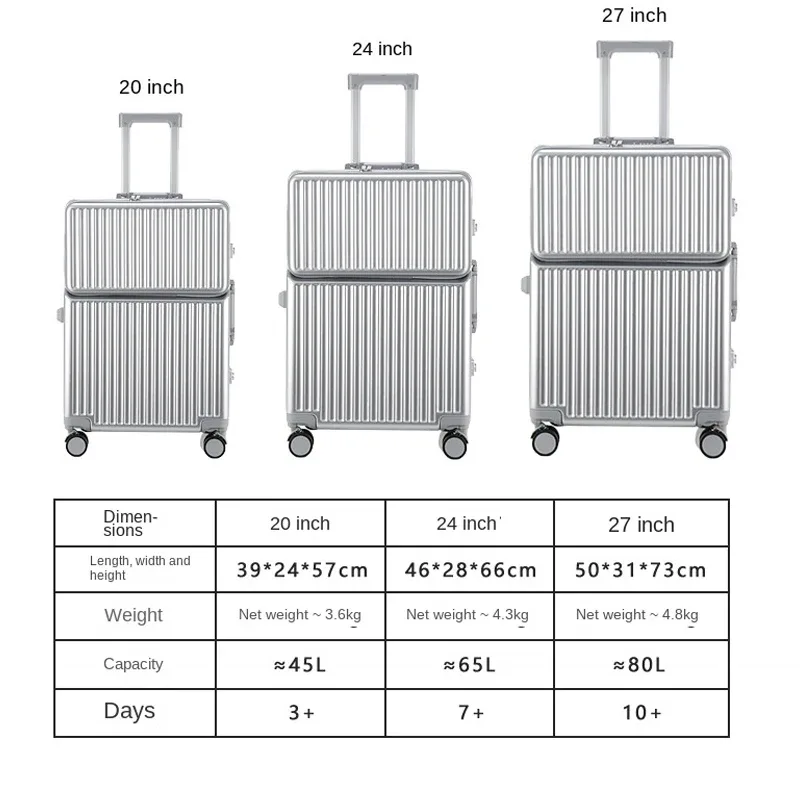 nouveau bagage cadre en aluminium ouverture avant pochette d'ordinateur valises de voyage multifonctions 20 pouces transporteur cabine sac boîtier de chariot