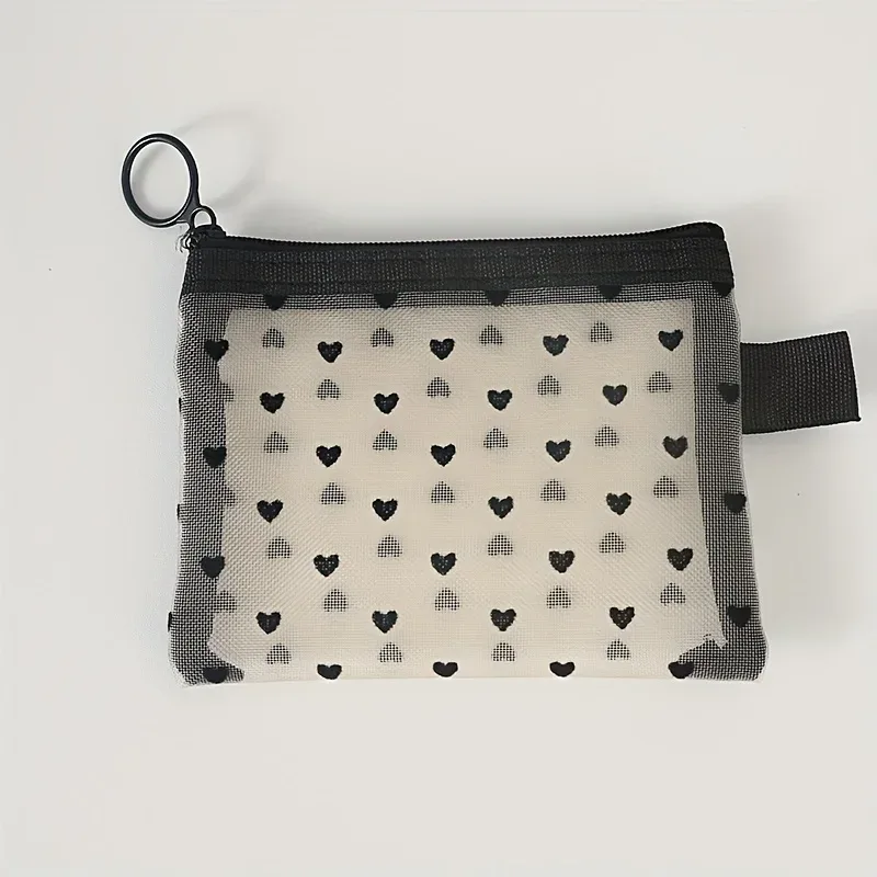 sac de maquillage en maille transparente en forme de cœur, pochette de rangement multifonction pour cosmétiques pour femmes, sac de rangement portable pour articles de toilette pour dames, 1 pièce