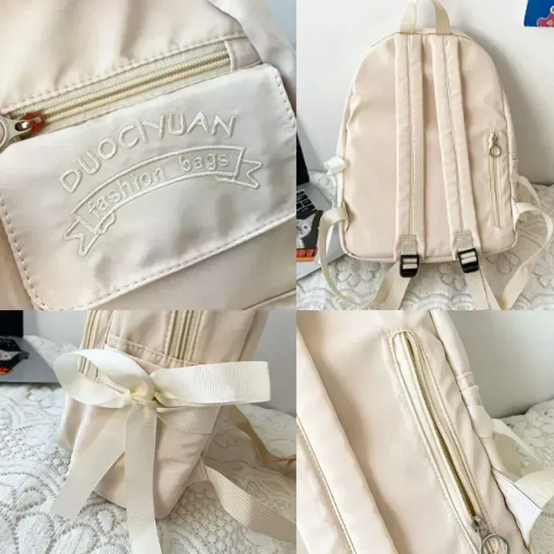 sac dos nylon beige blanc poche ouvrée broderie préppy grande capacité voyage école adolescente femmes