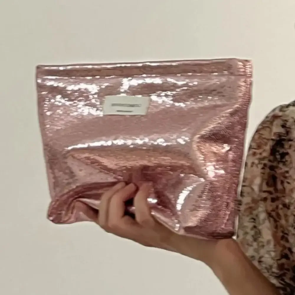 trousse de maquillage scintillante à paillettes argentées, sac cosmétique couleur unie, trousse de toilette champagne pour soins de la peau, sac de rangement de voyage