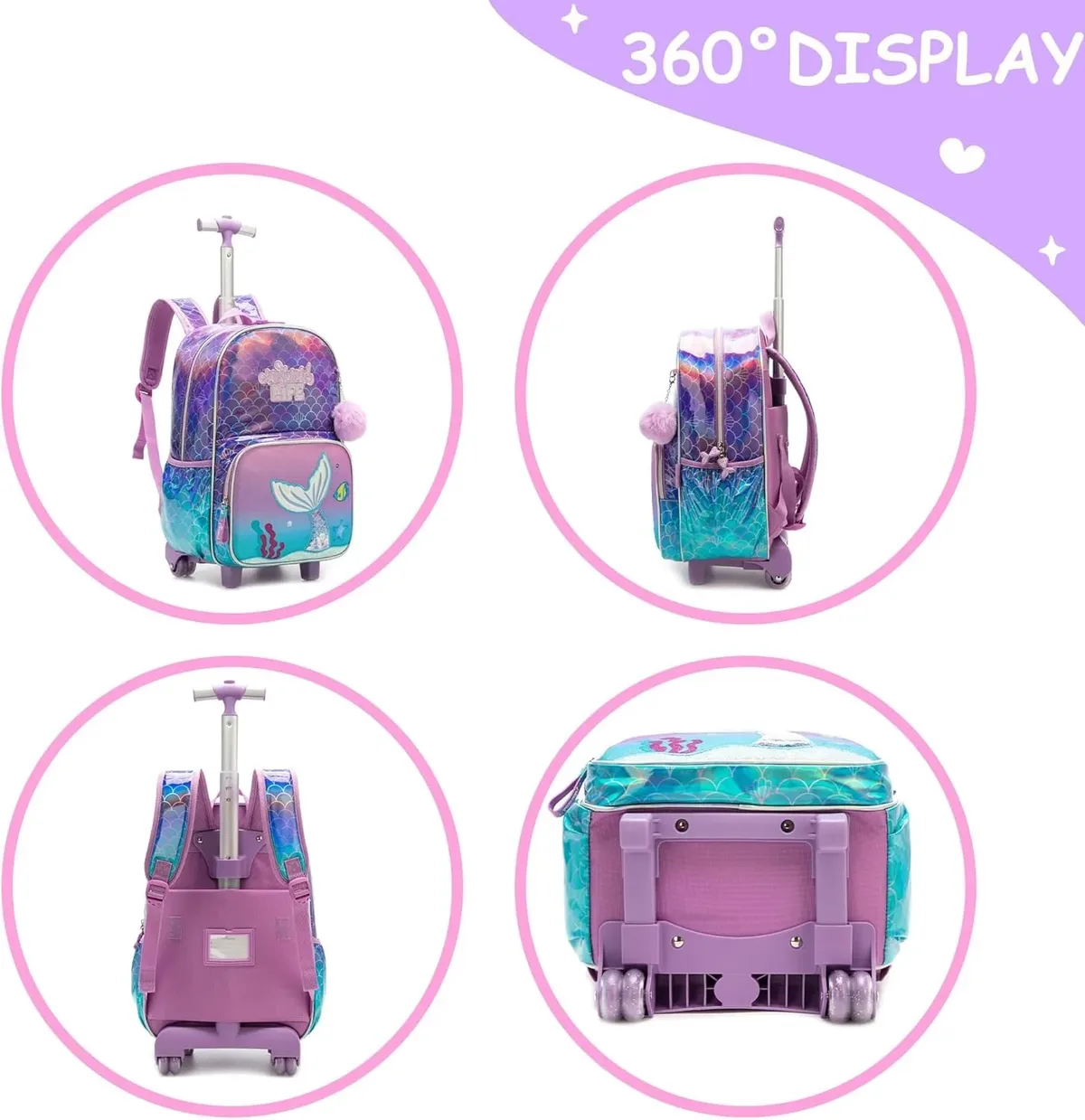 sac dos polyester dessin animé rose bleu queue sirène poissons ordinateur compartiments roues silencieuses école enfants