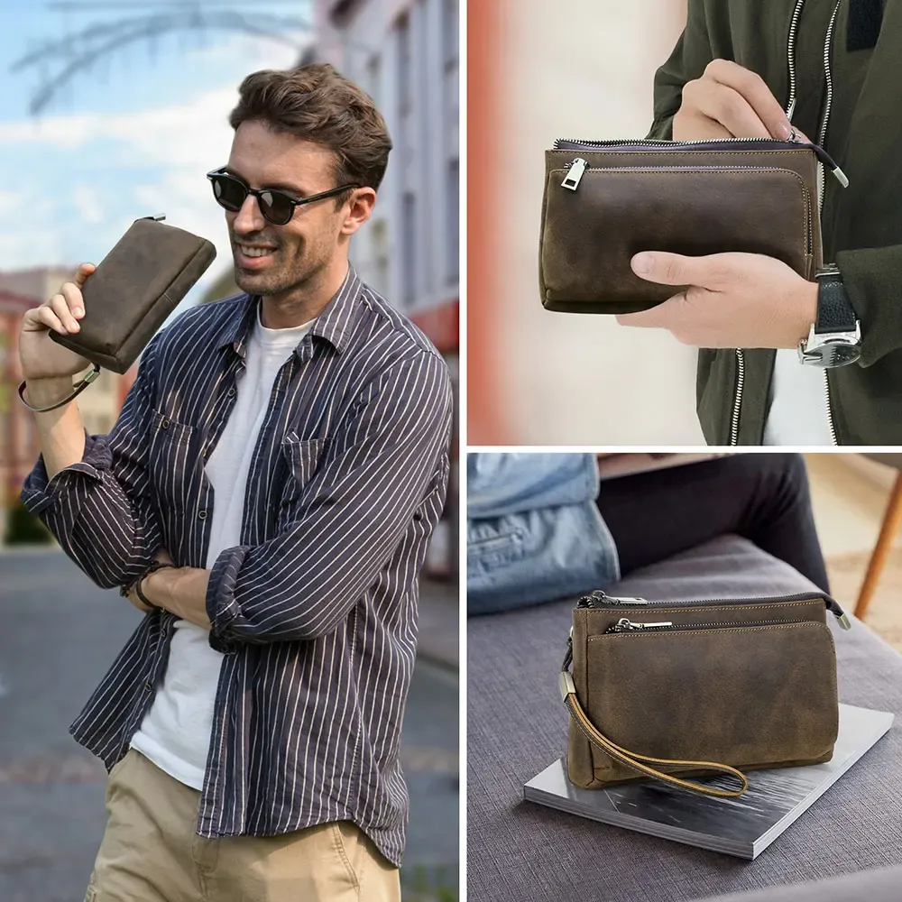peau de vache hommes pochettes en cuir véritable hommes d'affaires voyage sacs à main grande capacité câble organisateur pochette sac à main style vintage