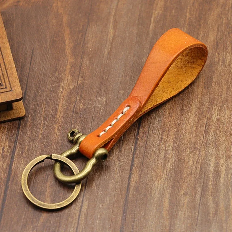 porte-clés en cuir de vachette fait main de haute qualité, breloque de sac, cordon pour clés de voiture, boucle fer à cheval vintage en cuivre, pendentif de sac à dos