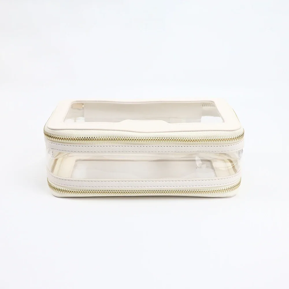 sac de toilette en cuir pu + tpu transparent avec nom personnalisé, trousse de maquillage portable de voyage, sac de rangement étanche de grande capacité