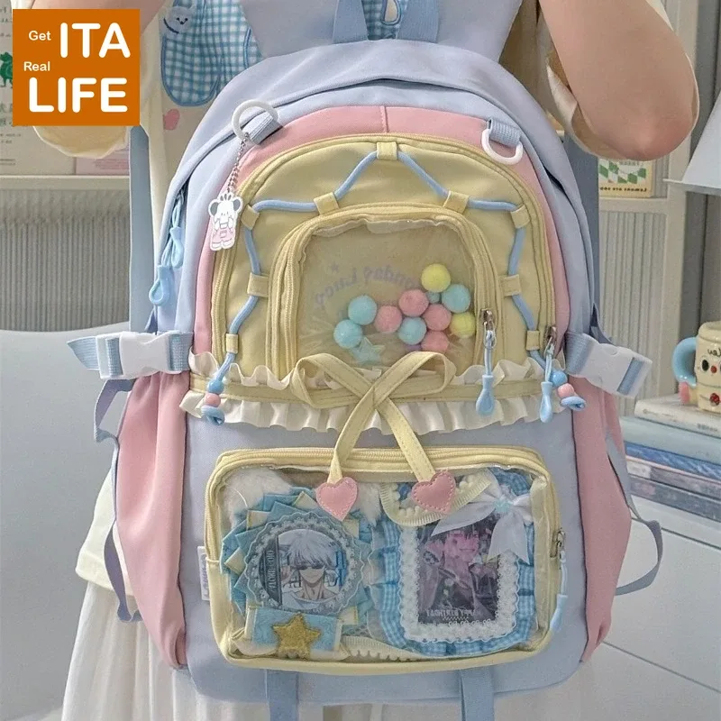 sac à dos ita transparent italife dopamine kawaii anmie pour femmes, avec présentoir pour épingles et badges, grand sac ita mignon en forme de cœur avec nœuds, style lolita h259