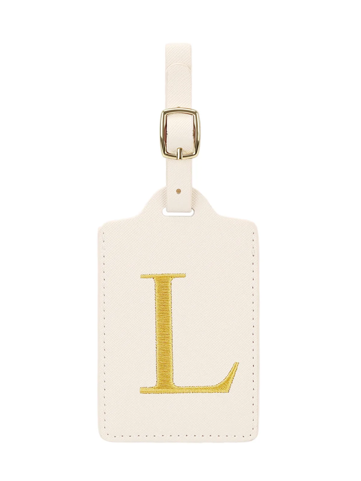 étiquette bagage polyester lettre dorée cuir blanc rectangulaire identification voyage unisexe alphabet fixation anneau métallique
