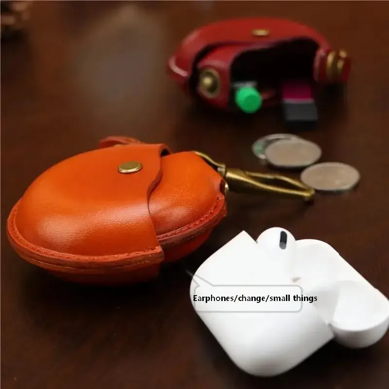 sacs de rangement artisanaux, petits sacs ronds en cuir véritable, étuis portables et créatifs pour écouteurs bluetooth, boîtes cadeaux haut de gamme