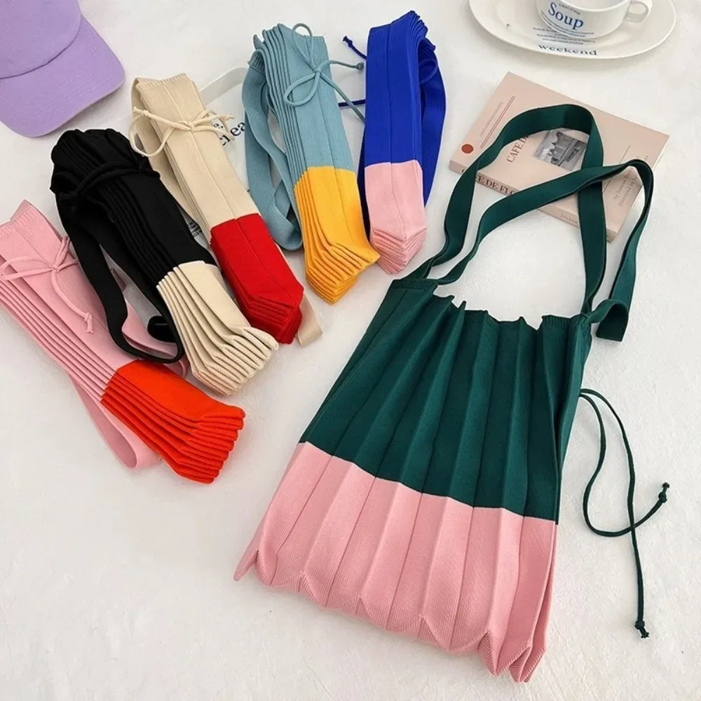 sac à main pliable en tricot, sac de shopping, pochette d'épaule, sac écologique pliable, sac de voyage à grande capacité, couleur contrastée, plissé.