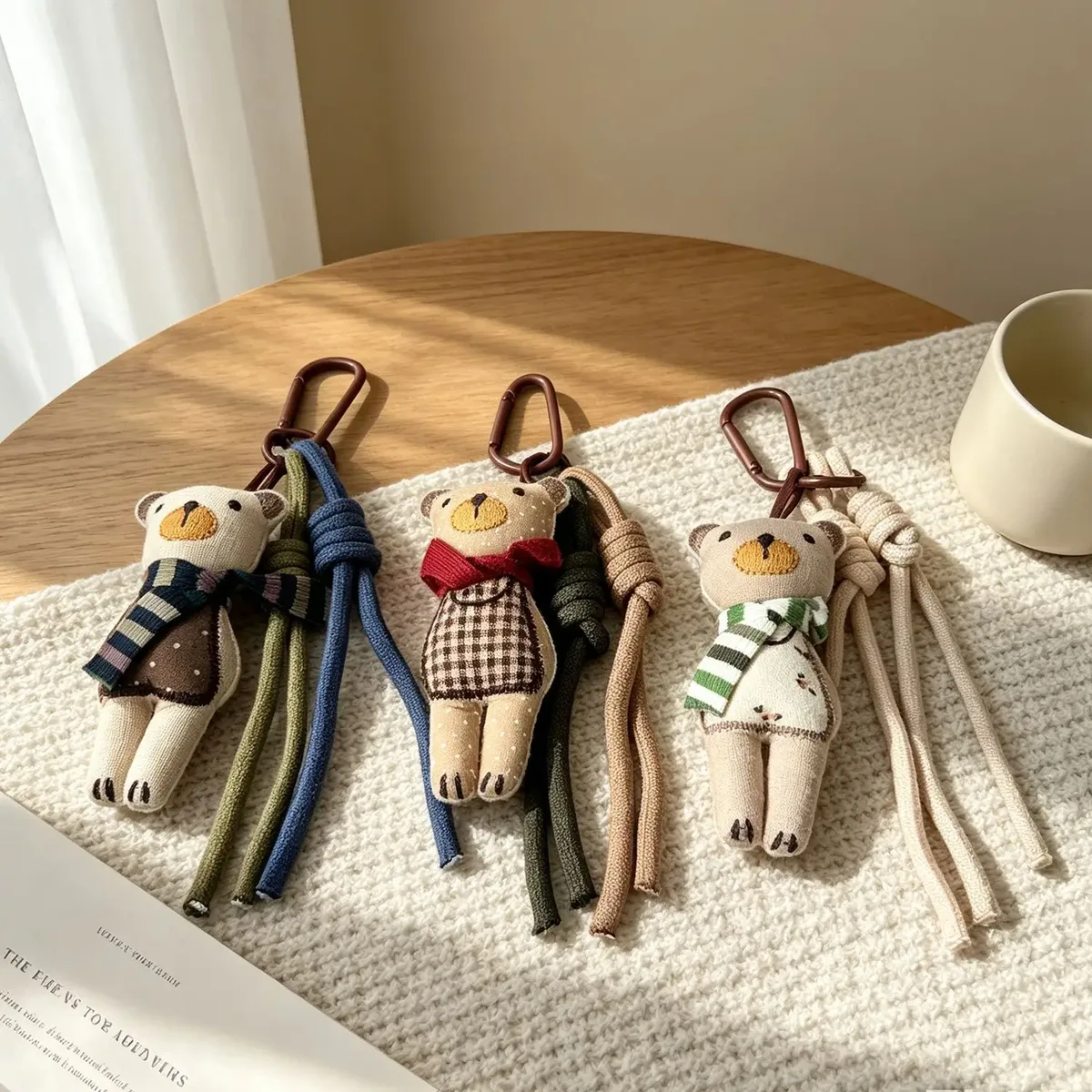 breloque de sac ourson en tissu mignon avec écharpe et clip en corde tressée pour sac à main, sac à dos, sac fourre-tout, décoration et cadeau