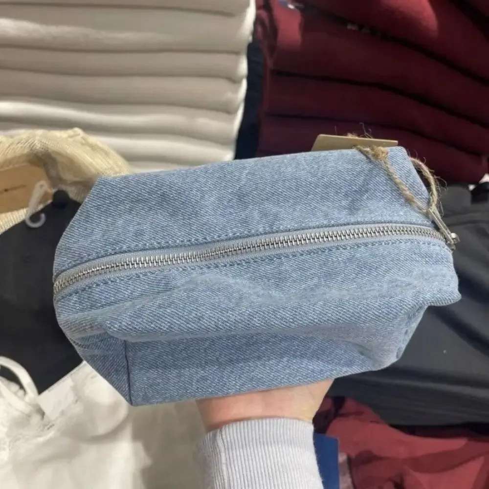 sac de maquillage en denim bleu de couleur unie, organisateur de voyage, sac à crayons d'étudiant de style coréen, sacs à cosmétiques rectangulaires vintage en jean