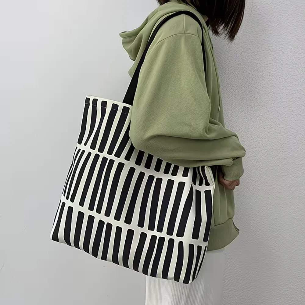 sac à bandoulière en toile rayée de grande capacité, léger avec plusieurs compartiments, fermeture à glissière, peut être utilisé comme sac pour ordinateur portable, sac de courses, sac de voyage, multifonctionnel et d