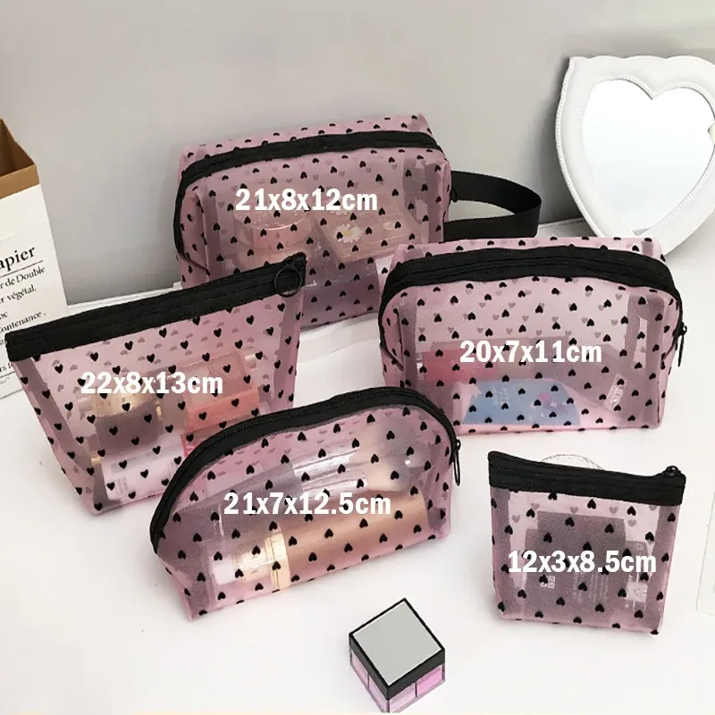sac de maquillage en maille transparente en forme de cœur, pochette de rangement de cosmétiques portable multifonction pour femmes, sacs de rangement de rouge à lèvres de toilette pour dames