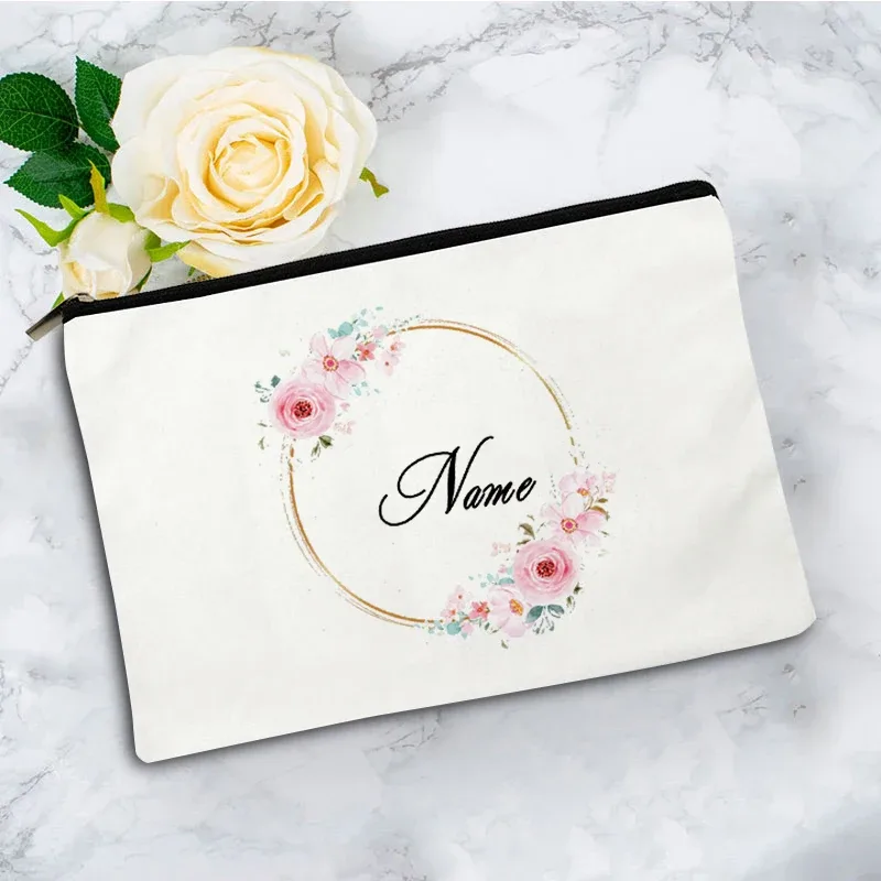 pochette zippée à motif floral pour femme, sac de voyage, organisateur en toile, trousse de maquillage, cadeau pour enseignant avec nom personnalisé lady f