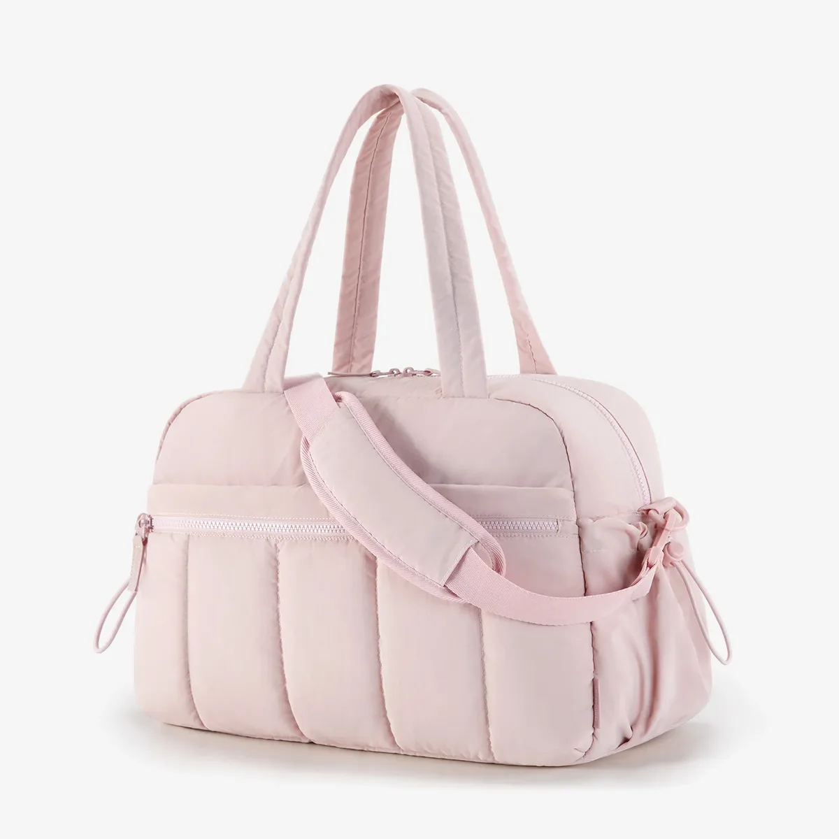 sac voyage polyester doux rose pâle blancs poignée bandoulière amovible compartiment humide week end sport yoga