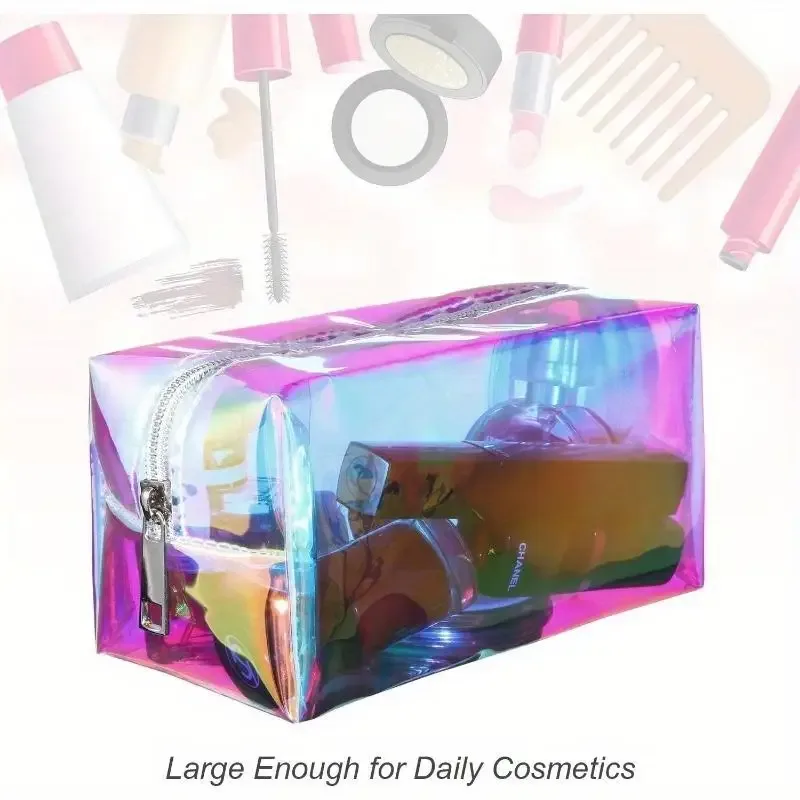 pochette voyage cosmétique tpu translucide iridescente bleu rose violet maquillage organisation plage bureau cadeau