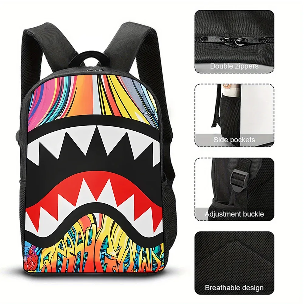 sac à dos tendance avec motif requin, imprimé graffiti et dessin animé, léger et décontracté pour étudiants et voyages