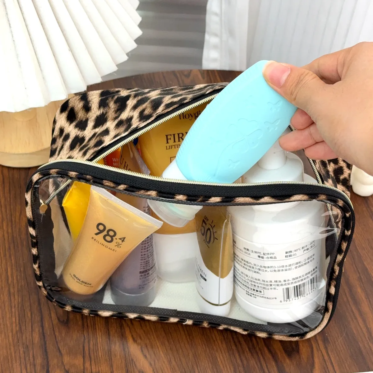 trousse toilette nylon motif léopard transparent voyage grande capacité organisateur cosmétiques maquillage sac accessoires