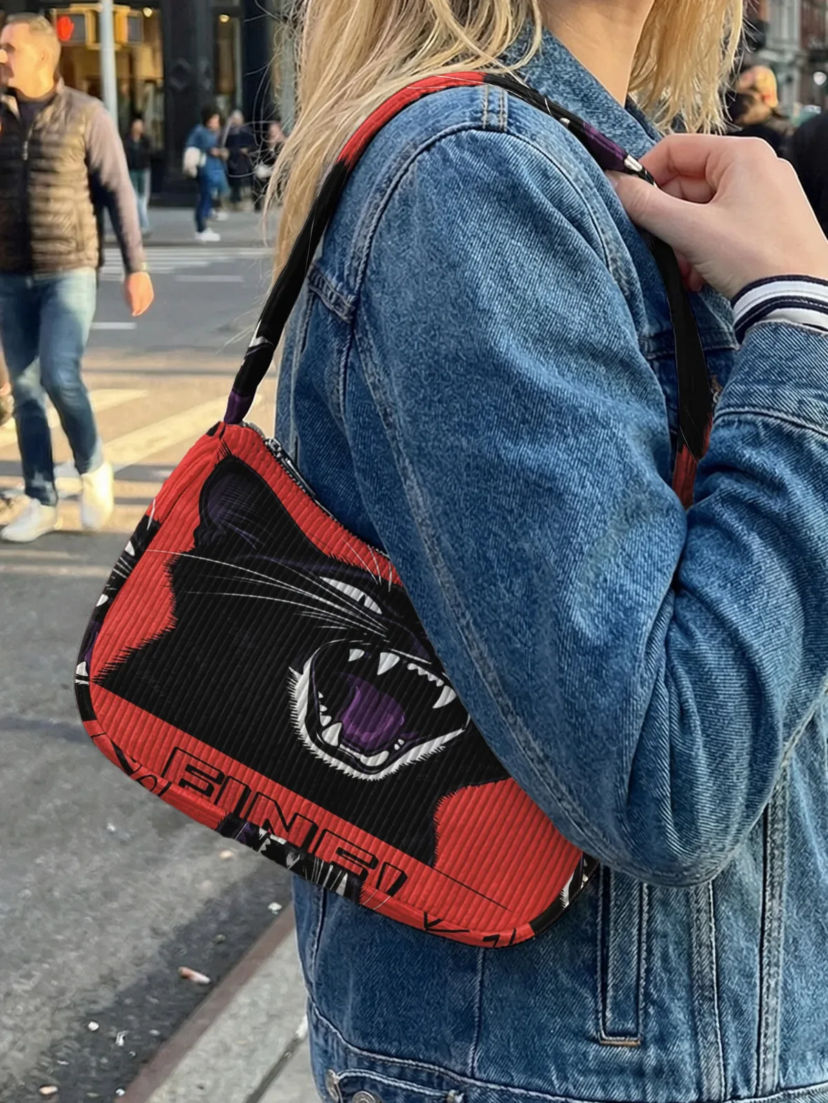 sac à bandoulière tendance imprimé chat noir en colère, sac sous le bras en velours côtelé pour un usage quotidien décontracté