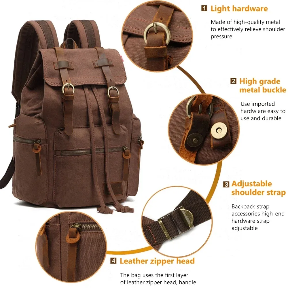 sac à dos rétro en toile pour homme, adapté pour ordinateur portable 14 pouces, vintage, résistant à l'usure, café, livraison au goutte-à-goutte, 36-55l