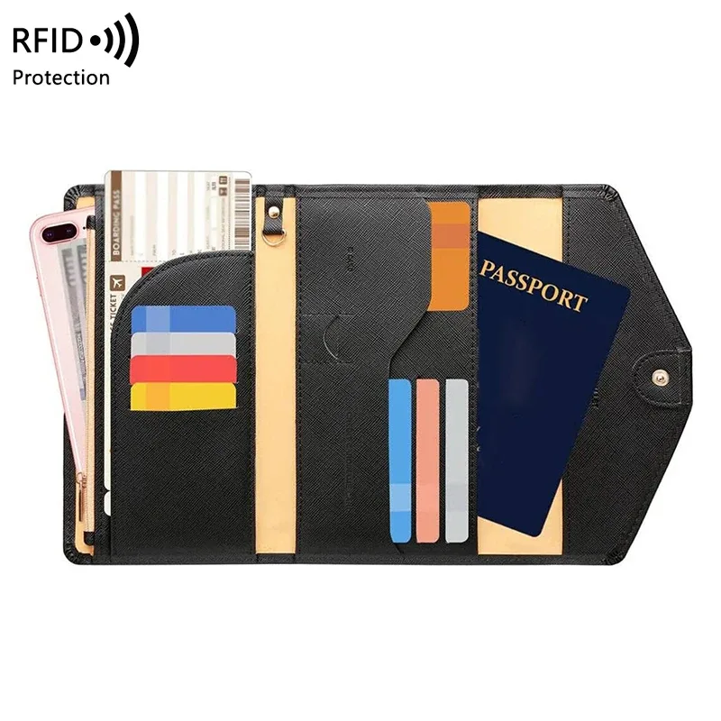 Sac de passeport à brosse antivol RFID, portefeuille de voyage multifonctionnel, porte-cartes multi-porte-passeport monochrome