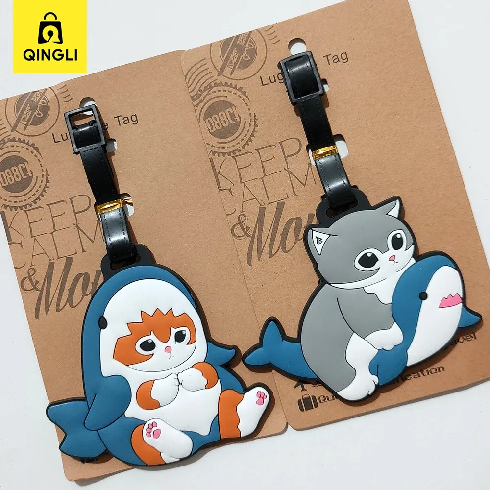nouvelle étiquette de bagage mignonne en forme de requin et de chat, porte-carte de bus en pvc de dessin animé, housse portable pour valise de voyage, étiquette anti-perte, étiquette d'adresse