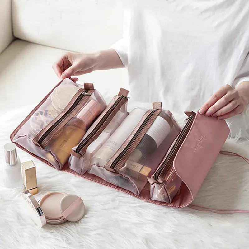 sac de maquillage détachable 4 en 1, grande capacité, pliable, organiseur de cosmétiques de voyage, rangement pour articles de toilette avec poignée