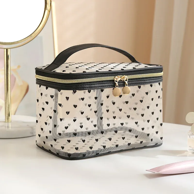trousse à cosmétiques en maille noire à double couche, trousse de maquillage portable de grande capacité, trousses de toilette à fermeture éclair, trousse de voyage, évaluationstorage, poudres