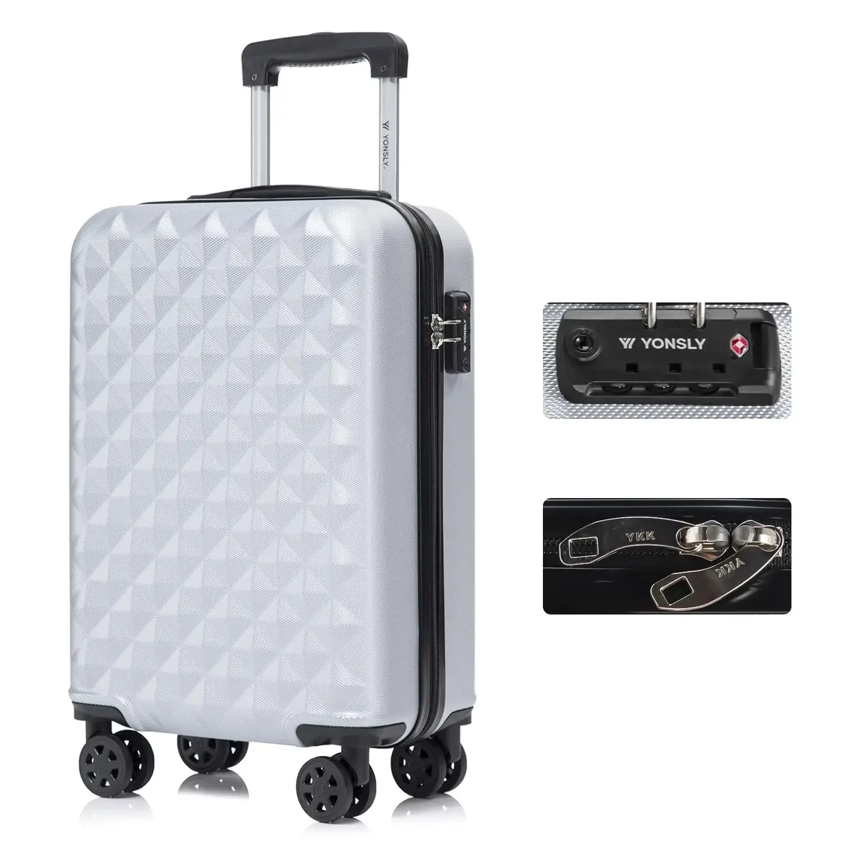 Valise YONSLY 16/20/24/28 pouces avec 4 roues, 360 ° serrure à combinaison, poignée en caoutchouc souple, compartiment en maille, valise à roulettes, bagage à main, grande valise, valise rigide, entrepôt allemand