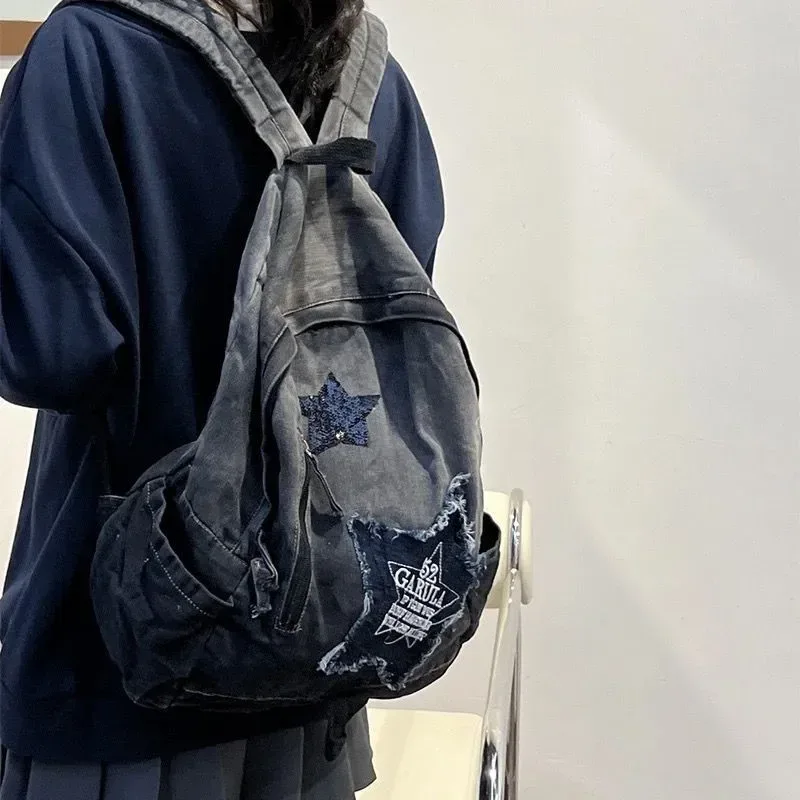 y2k coréen décontracté denim sac à dos mode étoile modèle grande capacité étudiant cartable adolescents vintage punk voyage livre sac