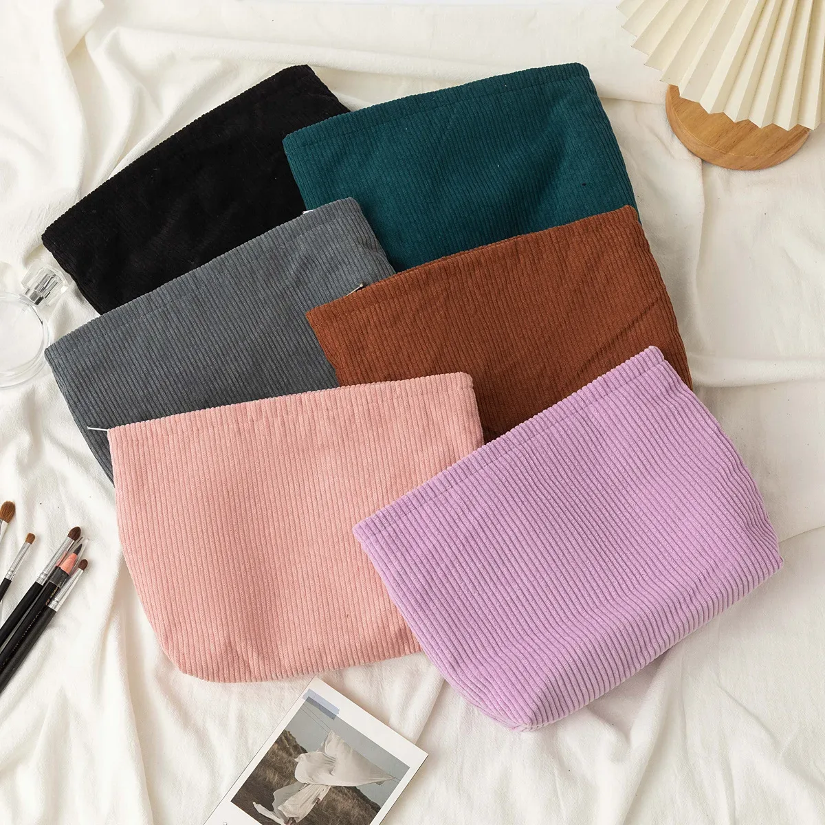 sac à cosmétiques en velours côtelé pour femmes, organisateur de maquillage coréen de couleur unie, pochette de toilette de voyage, trousse de beauté